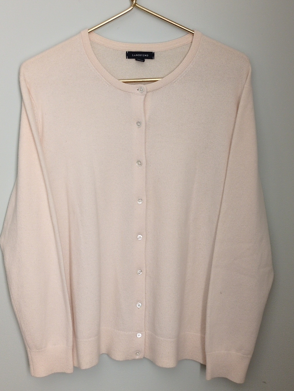 Lands' End 100% Cashmere Cardigan Cream Crewneck Button Front Women's XL 18/20